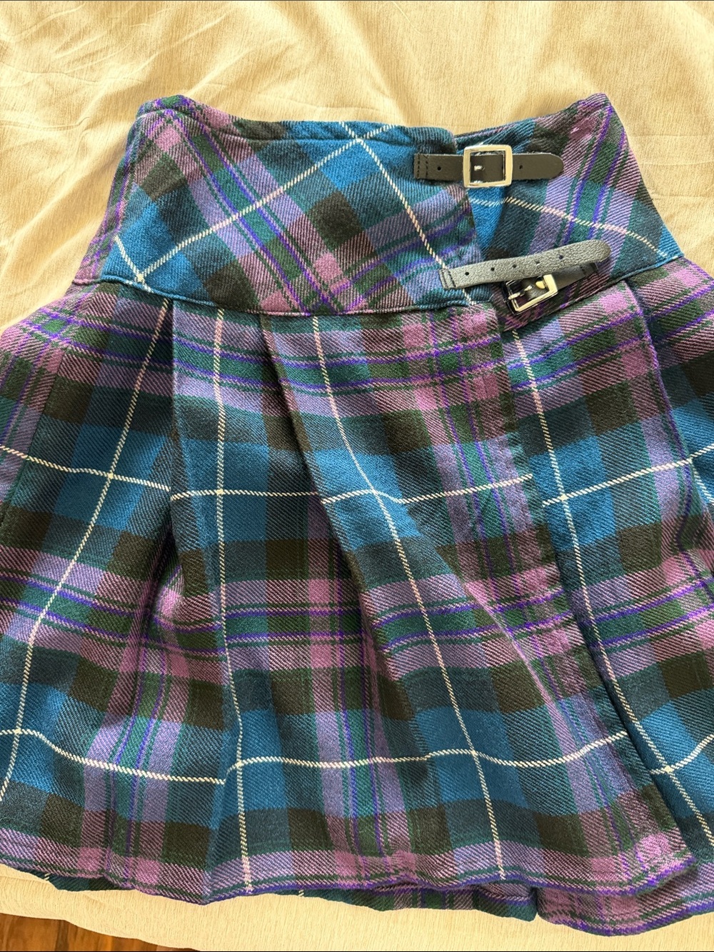 Plaid Pleated Mini Skirt with Buckle Waist - Blue & Purple